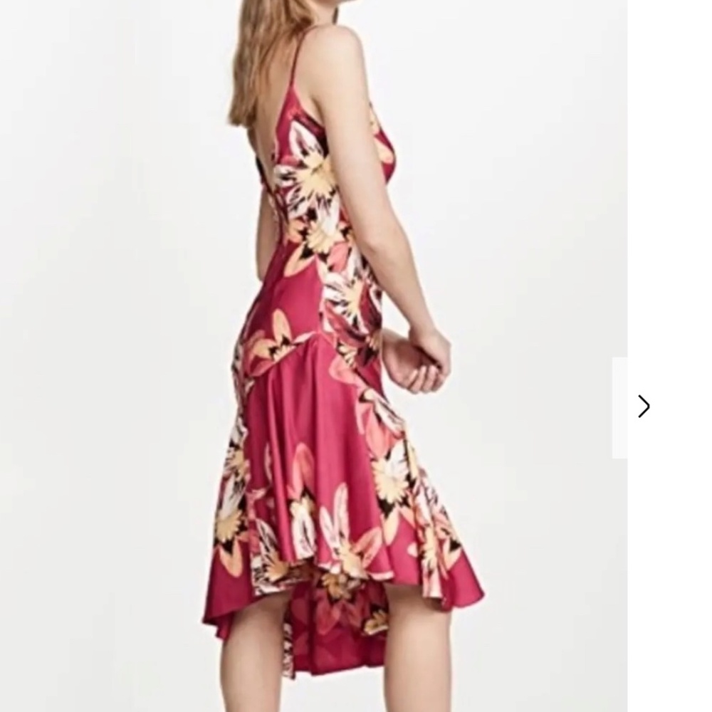 PatBO Carmen Floral Asymmetrical Slip Dress Pink Bias Cut Ruffle Hem Size 4 - Picture 3 of 11
